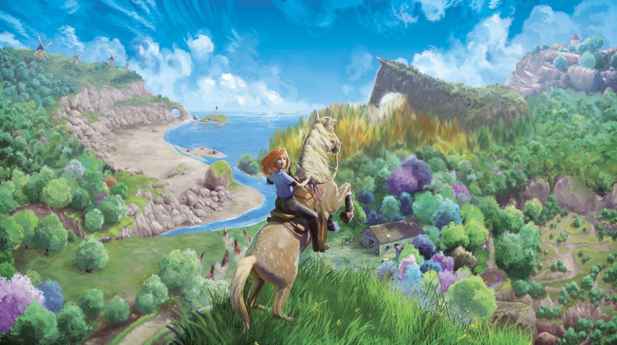 'Horse Tales: Emerald Valley Ranch' key art featuring a young woman on a horse, riding through a valley