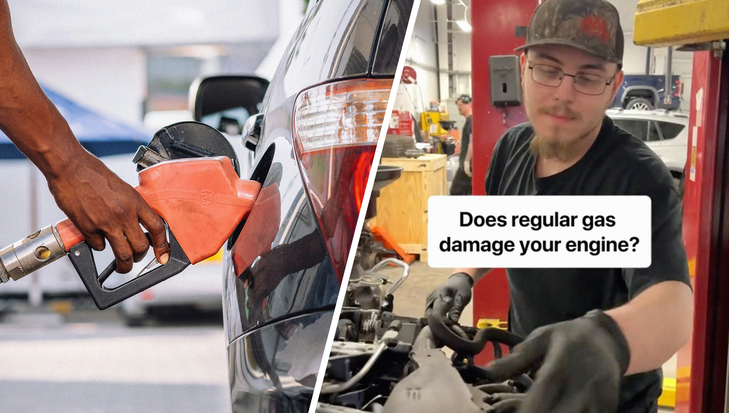 Hand on gas station fuel pump(r) Mechanic shares expertise on types of gas for vehicles(r)