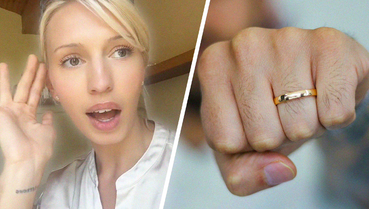 blonde woman giving a shocking reaction(r) close up of a man's fist with the wedding band in focus(r)
