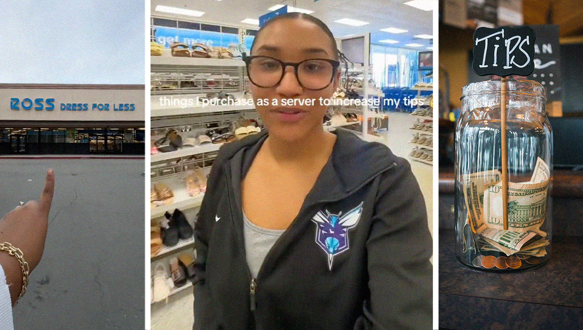 hand pointing at Ross Logo on building(l) Woman shares what she purchases at Ross(c) Glass Tip Jar filled with money(r)