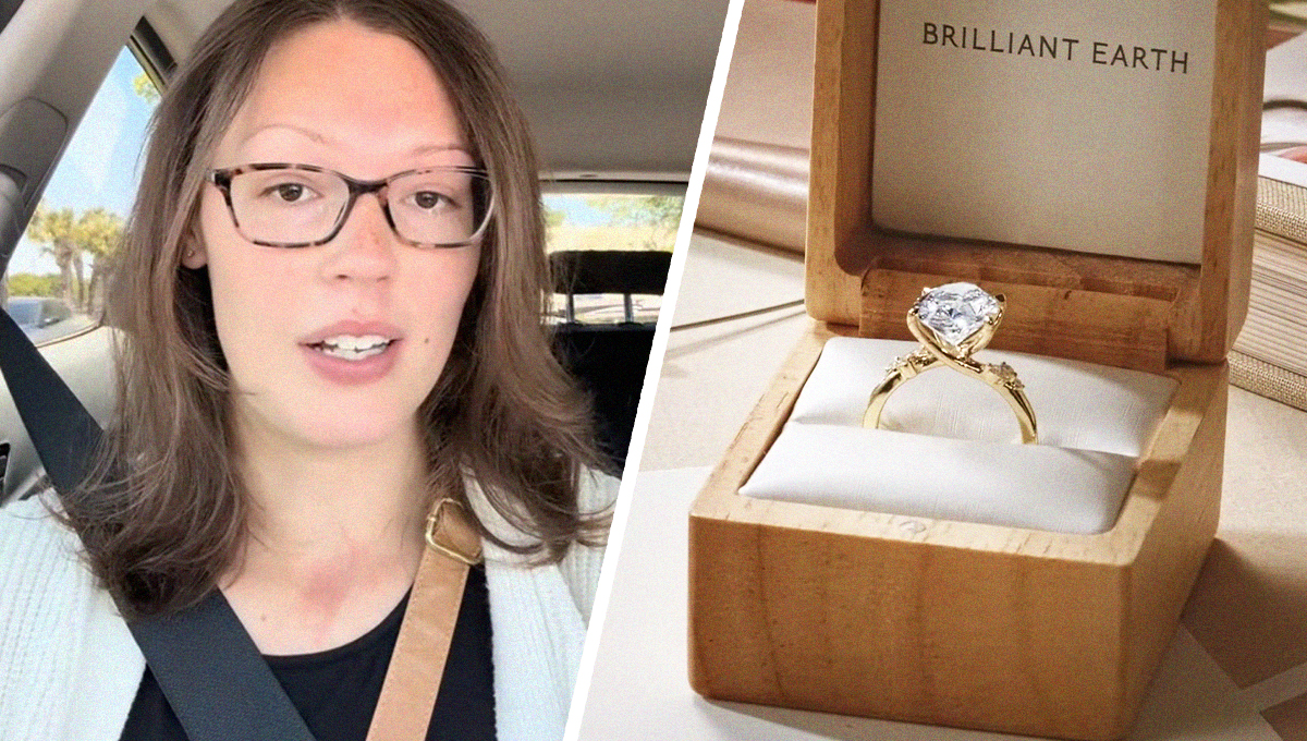 Woman inside of car sharing experience through TikTok Platform(l) engagement ring from Brilliant company(r)